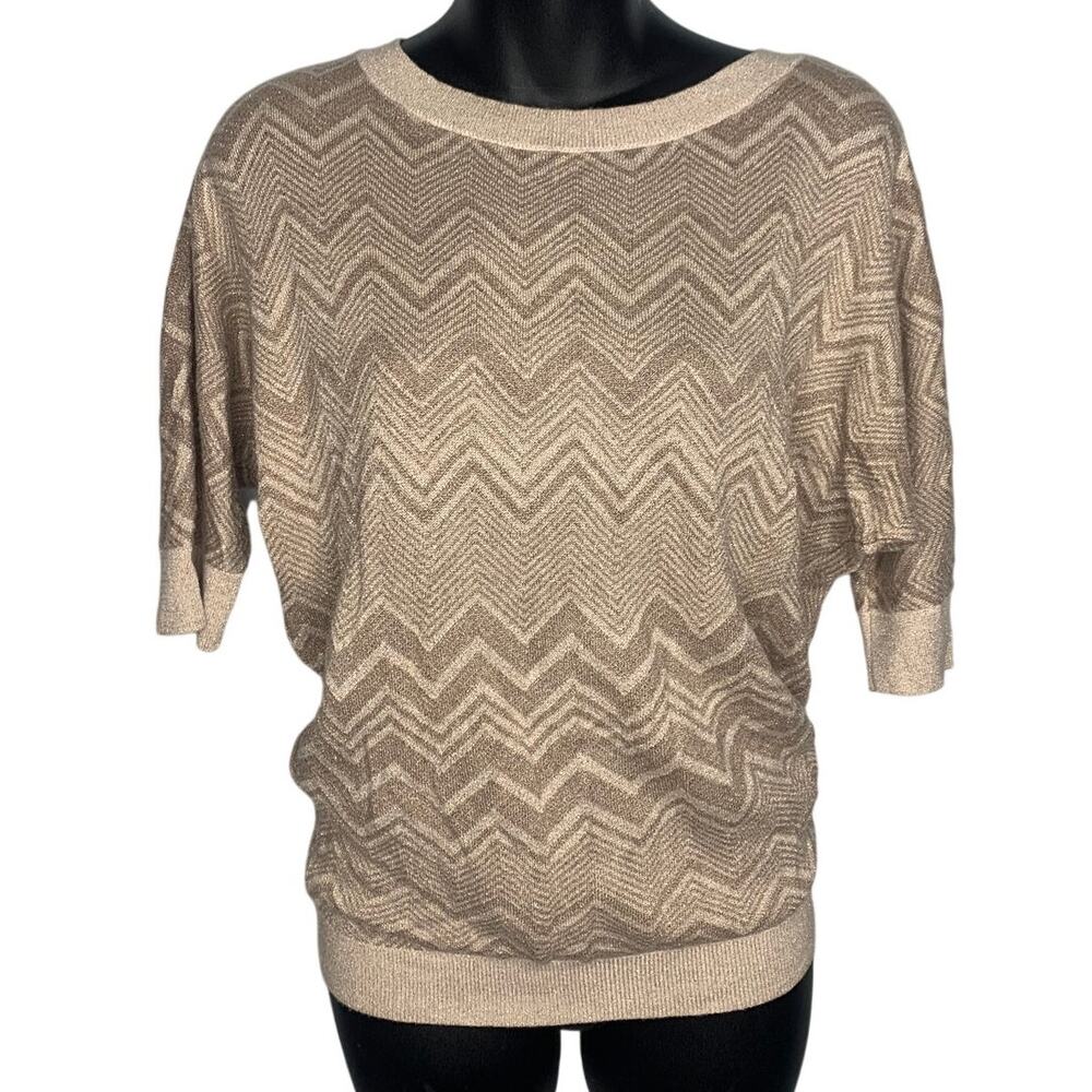 Express Short Sleeve Gold Chevron Pattern Women's S Lightweight Sweater Blouse